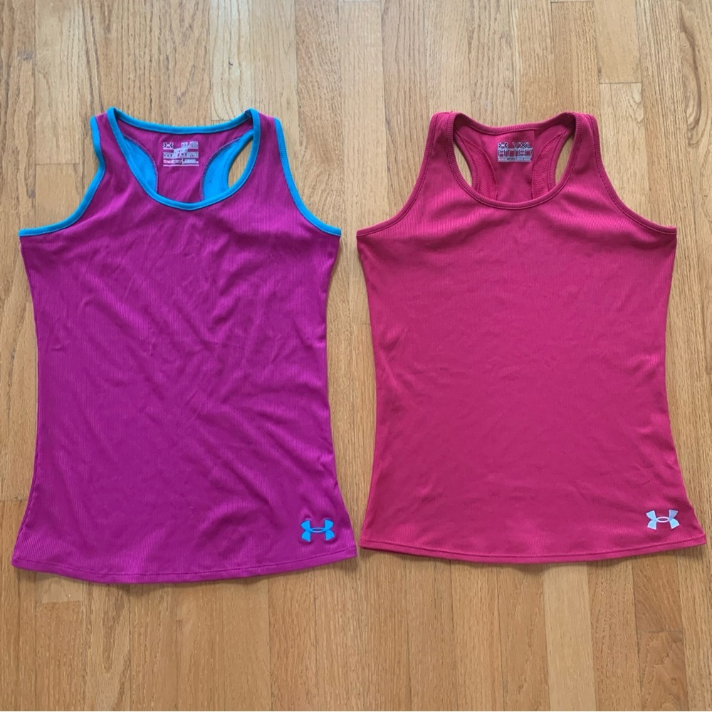 Lot Of 2 Under Armor Purple And Pink YXL Fitted Workout Tank Tops